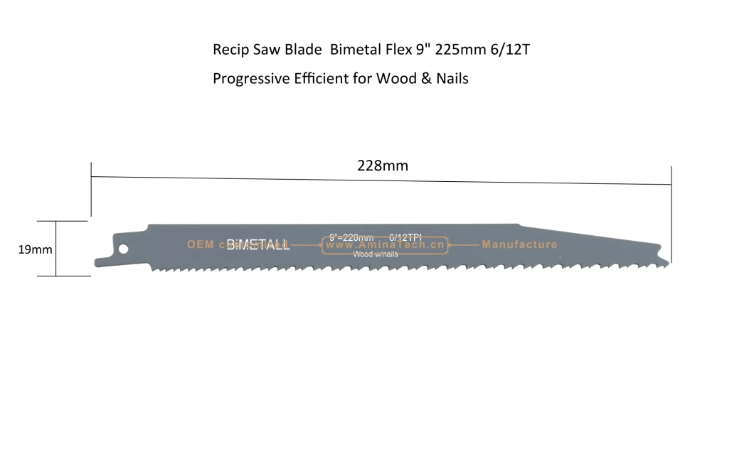 Recip Saw Blade Bimetal M42 8% cobalt Demolition for Cutting Wood & Nails Size:9" 225mm6/12T